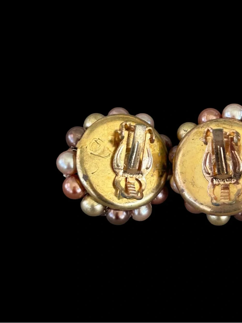 VTG MCM Beaded Pearl Cluster Clip On Earrings Shades of Brown Marked Japan 1